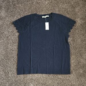 NEW Ann Taylor Loft Navy Blue Lace Sleeve Sweater Top M